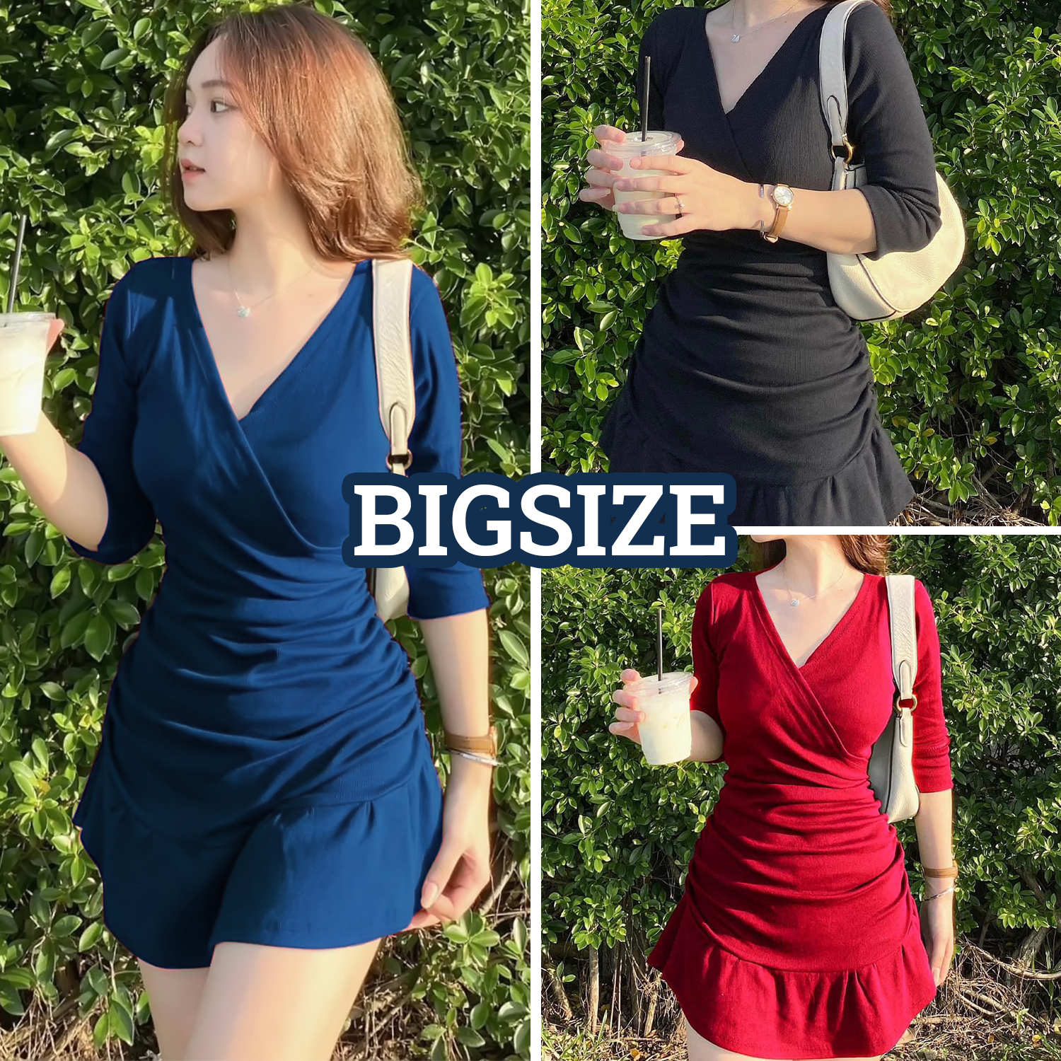 Đầm Váy Bigsize 45-85kg Nhún Eo 2 Bên Tay Dài Thun Gân Tăm Cổ Chéo Dễ Thương Xinh Cho Nàng Béo Múp Xinh