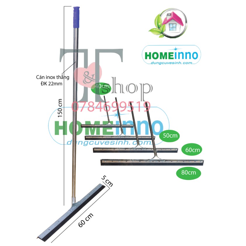 Cây gạt đẩy nước sàn nhà thép không gỉ homeinno lưỡi cao su 50/60/80cm
