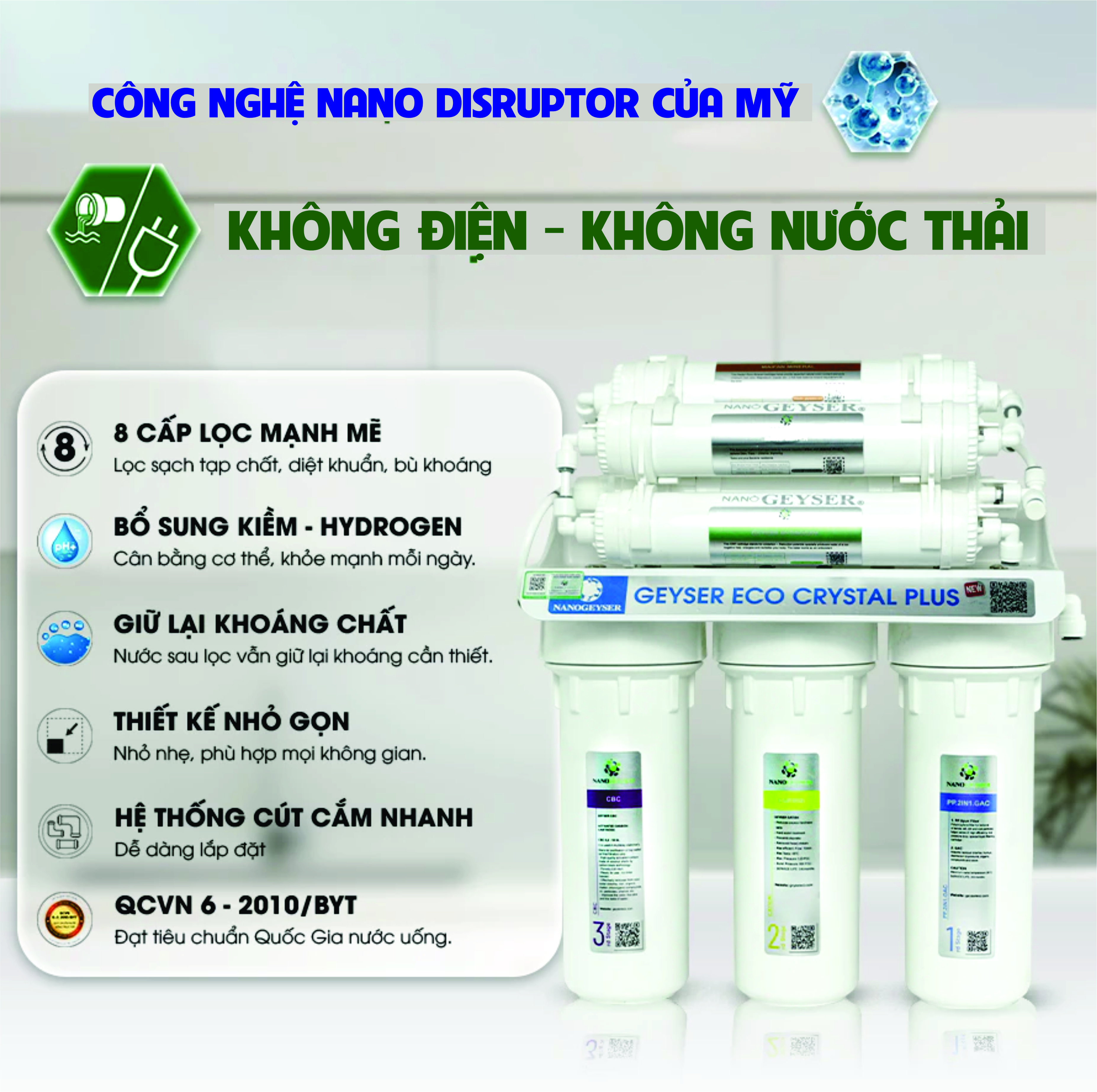 LỖI ĐỔI MỚI: Máy lọc nước Nano 8 cấp Nano Geyser ECO CRYSTAL, Không điện, không nước thải, Giữ lại khoáng chất
