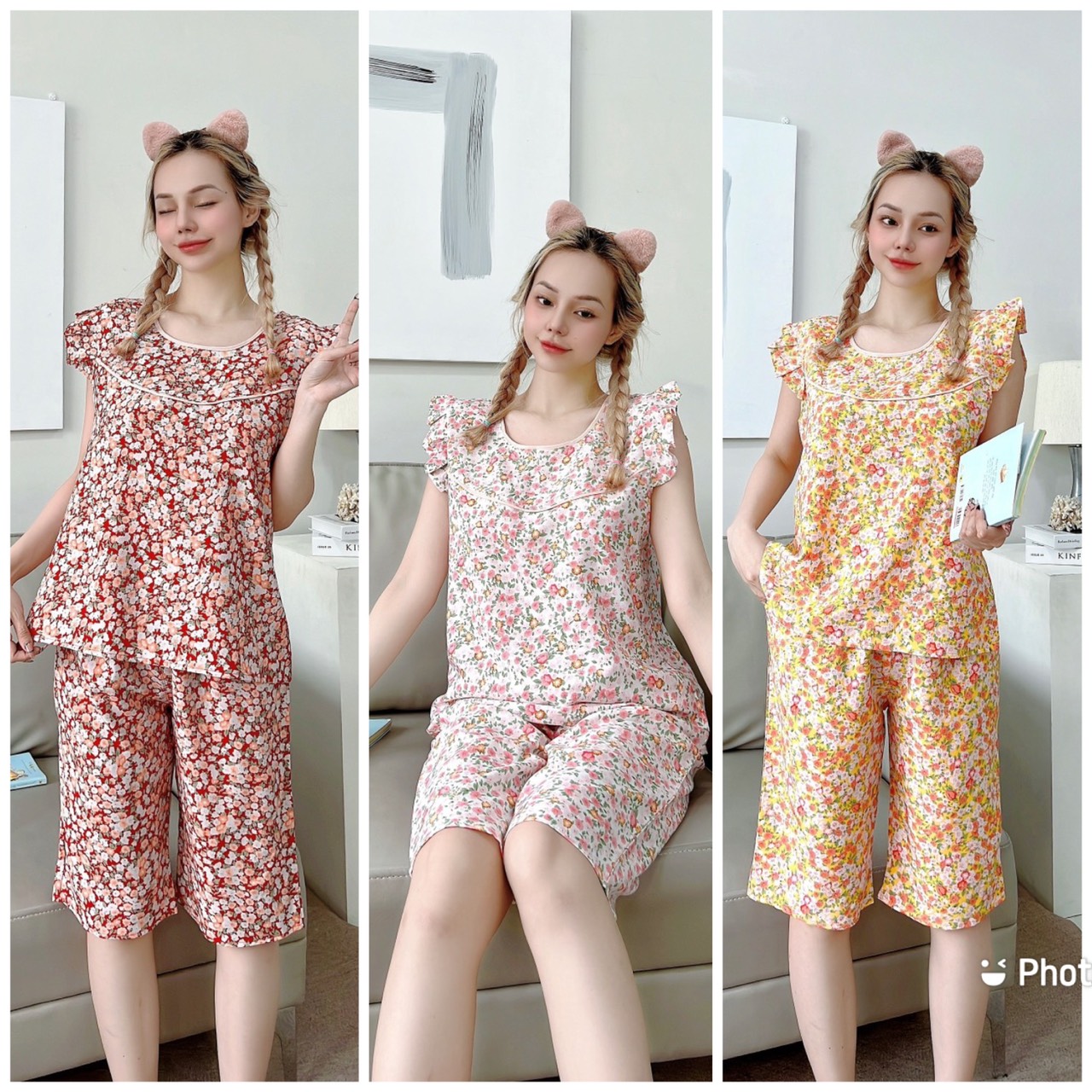Đồ bộ lụa mặc nhà hoa nhí dễ thương