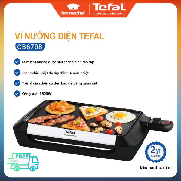 Vỉ nướng điện Tefal 6 mức nhiệt, làm nóng nhanh, vỉ nướng phủ chống dính, công suất 1600W, bảo hành 2 năm - CB6708