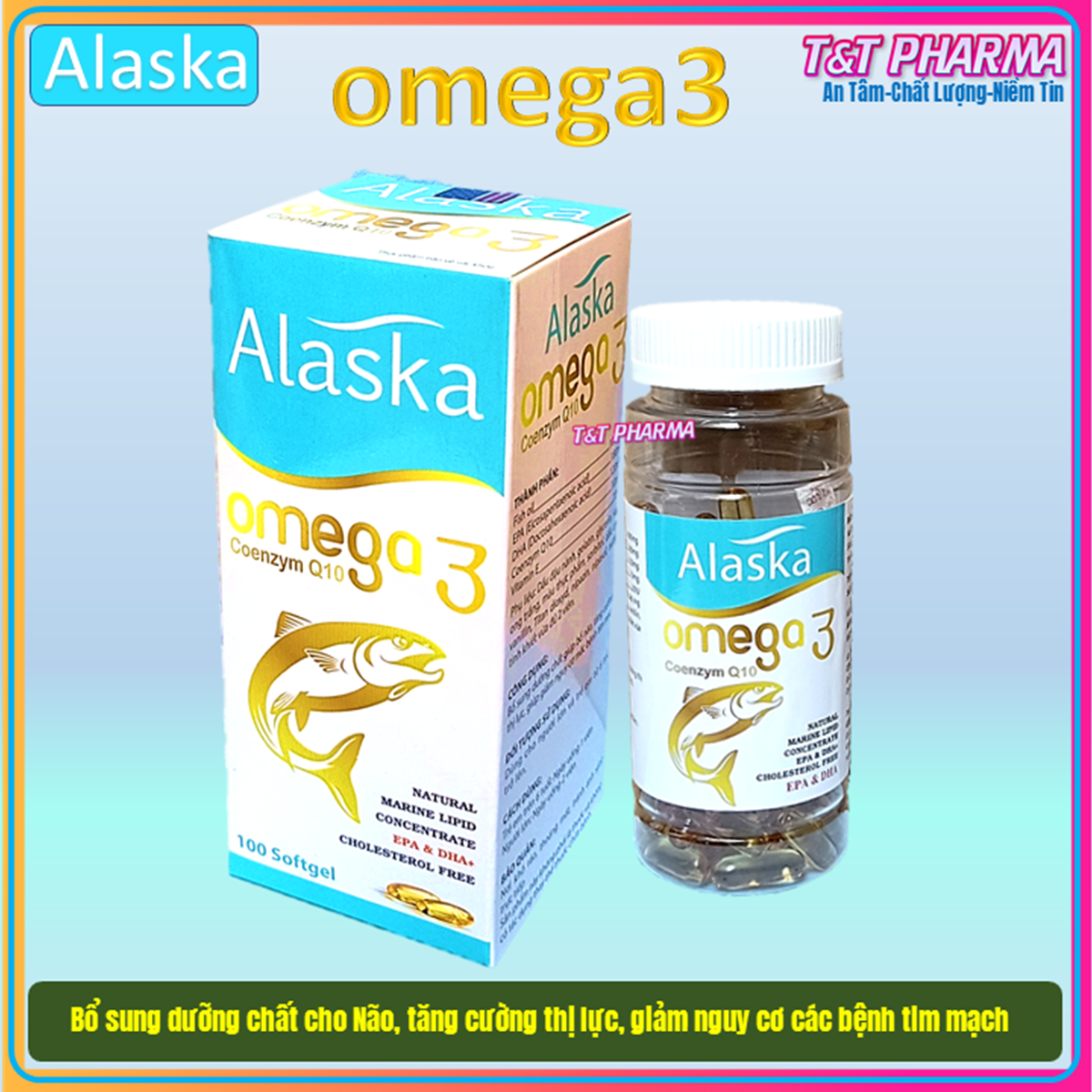 Viên dầu cá Alaska Om.ega 3  Coenzym Q10 bổ não, sáng mắt, khỏe mạnh tim mạch, tăng cường trí nhớ - Hộp 100 viên thành phần dầu cá 1000mg, EPA 180mg, DHA 120mg