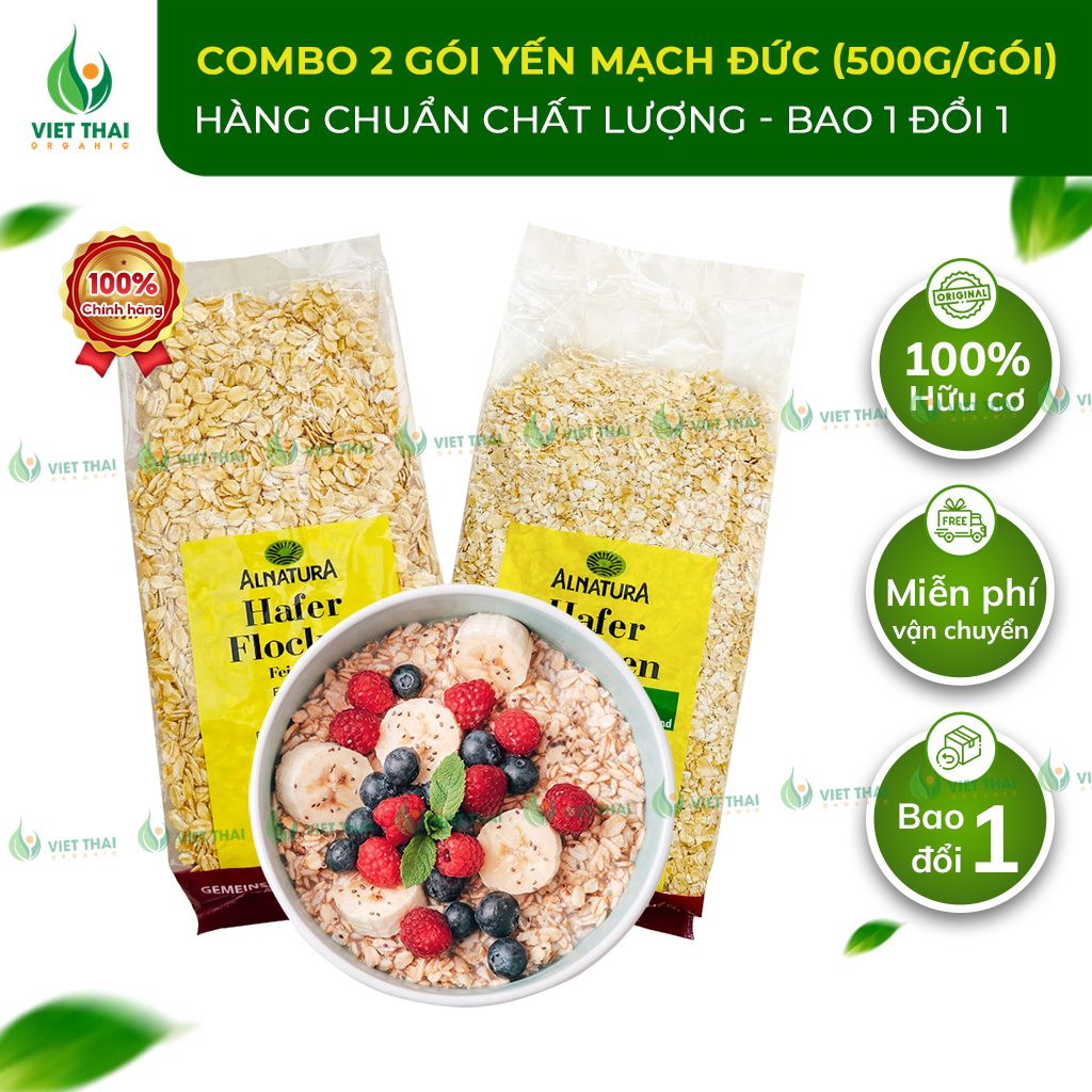 [Siêu Hot] Combo 2 Gói Yến Mạch Đức Hữu Cơ 500g Cán vỡ/ Cán dẹp/ Nguyên hạt Cho Bé Hoặc Giảm Cân - Việt Thái Organic