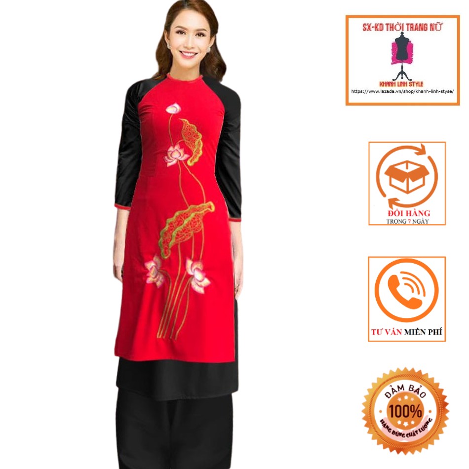 [4.4 Hoàn tiền 15%][HCM]Áo dài 2 tà thêu hoa Sen - MS2020AD