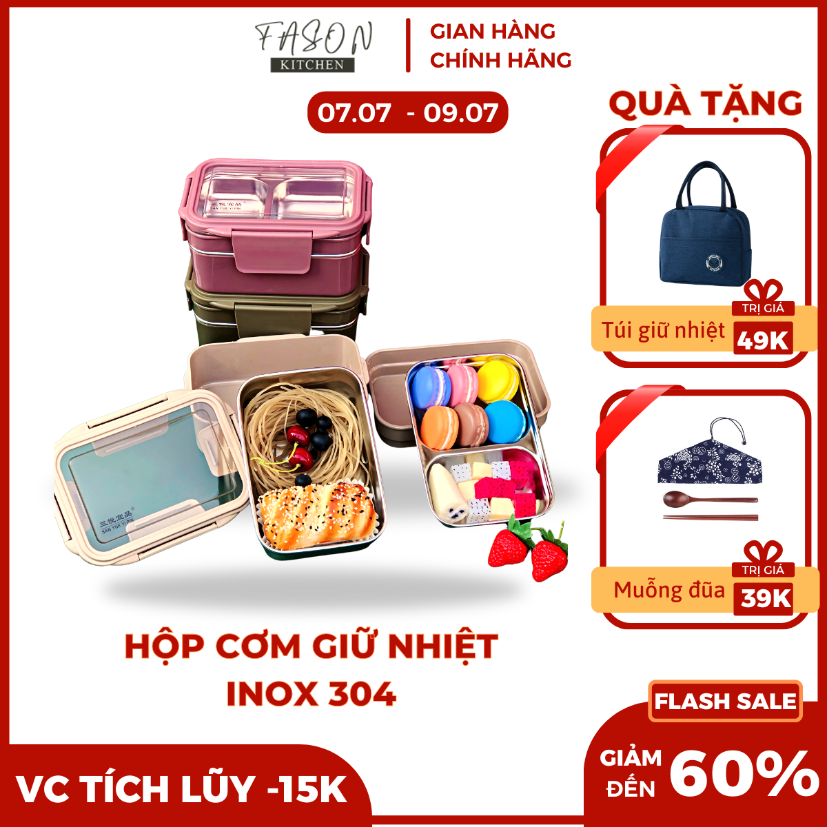 Hộp đựng cơm giữ nhiệt văn phòng inox Fason Kitchen 2 tầng, 3 ngăn kèm muỗng, hộp cơm đựng được canh - Cà mèn inox