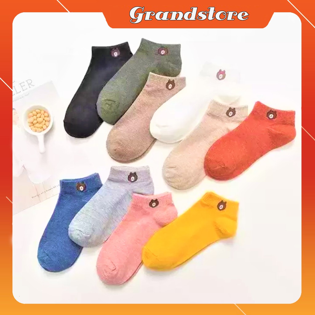 Combo 10 đôi vớ tất nữ cổ ngắn đủ màu họa tiết hình gấu Brown kèm túi đựng dây rút, set 10 đôi dớ chân nữ cổ thấp 10 màu
