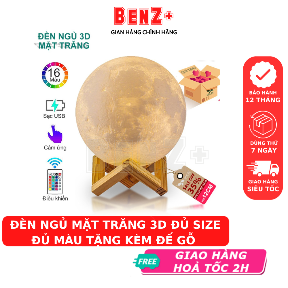 Đèn ngủ mặt trăng BENZ trang trí phòng ngủ phiên bản PREMIUM 2023 size 10cm/12cm/15cm/18cm/20cm tặng đế gỗ, dây sạc
