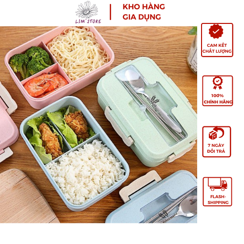 Hộp Đựng Cơm Nhựa Lúa Mạch 3 Ngăn Tiện Lợi - Hộp Cơm Trưa Văn Phòng Picnic Dễ Dàng Sử Dụng (Kèm Đũa & Muỗng)