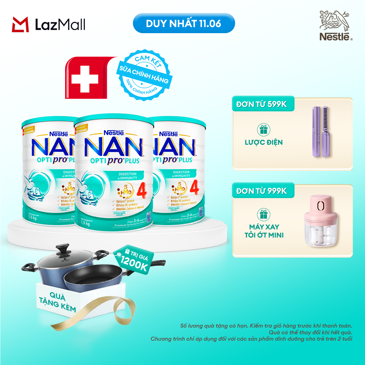 [Chỉ 11.06 QT Đơn 599K/999K/1299K][Tặng Set Nồi Chảo Elmich] Bộ 3 lon Sữa Bột Nestlé NAN OPTIPRO PLUS 4 1500g Cho Bé 2 - 6 Tuổi: Công Thức Độc Quyền Nhập Khẩu Từ Thụy Sỹ, Chứa Phức Hợp 5-HMO