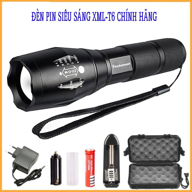 FreeShip-Đèn pin XML-T6 MỚI siêu sáng Tặng Bộ sạc và pin sạc, Hộp Nhựa Chống Sốc - BH 1 ĐỔI 1
