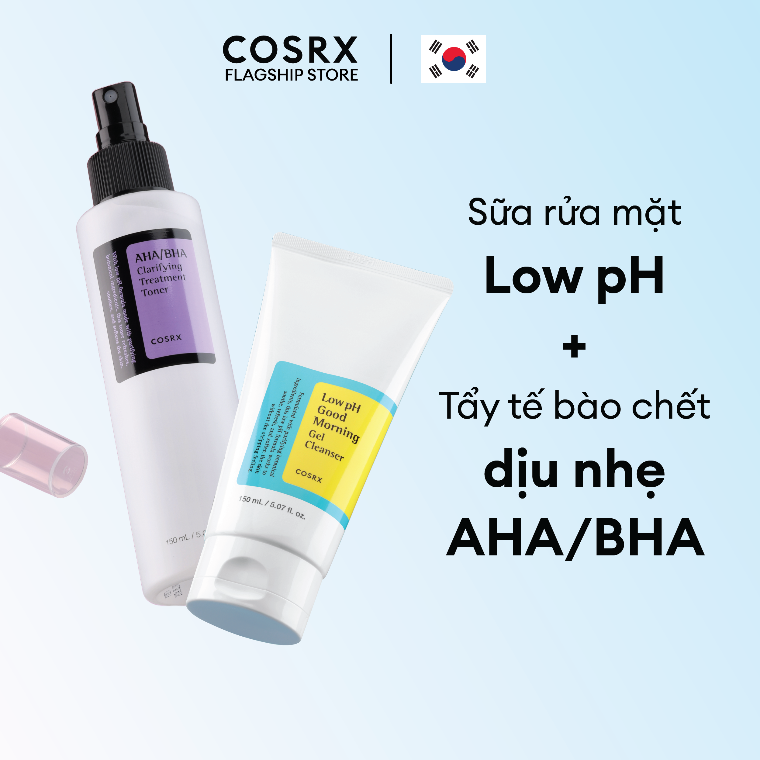 Combo Gel Rửa Mặt Tràm Trà COSRX Low pH Good Morning Gel Cleanser 150ml + Nước hoa hồng tẩy tế bào chết hoá học COSRX AHA/BHA Clarifying Treatment Toner 150ml