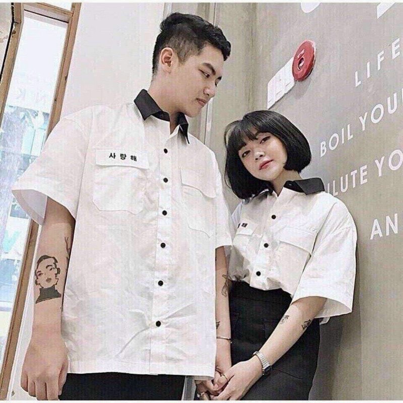 Áo sơmi lụa túi nắp in chữ Hàn TP