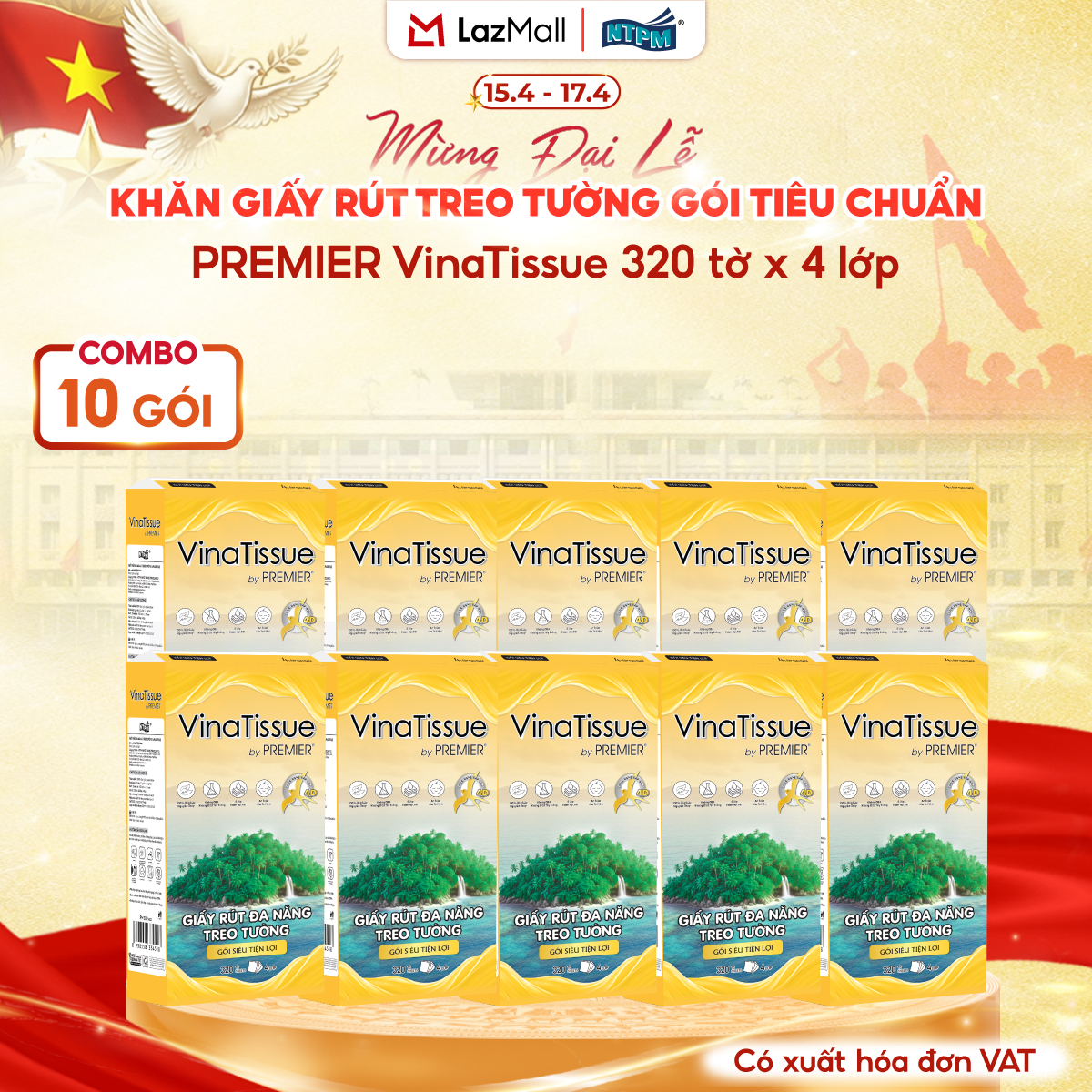 [COMBO 10 GÓI , KHÔNG MÓC TREO] Giấy rút treo tường PREMIER Vinatissue, 4 lớp - 100% bột giấy nguyên sinh, không chất tẩy, 320 tờ/gói tiêu chuẩn - Chính hãng
