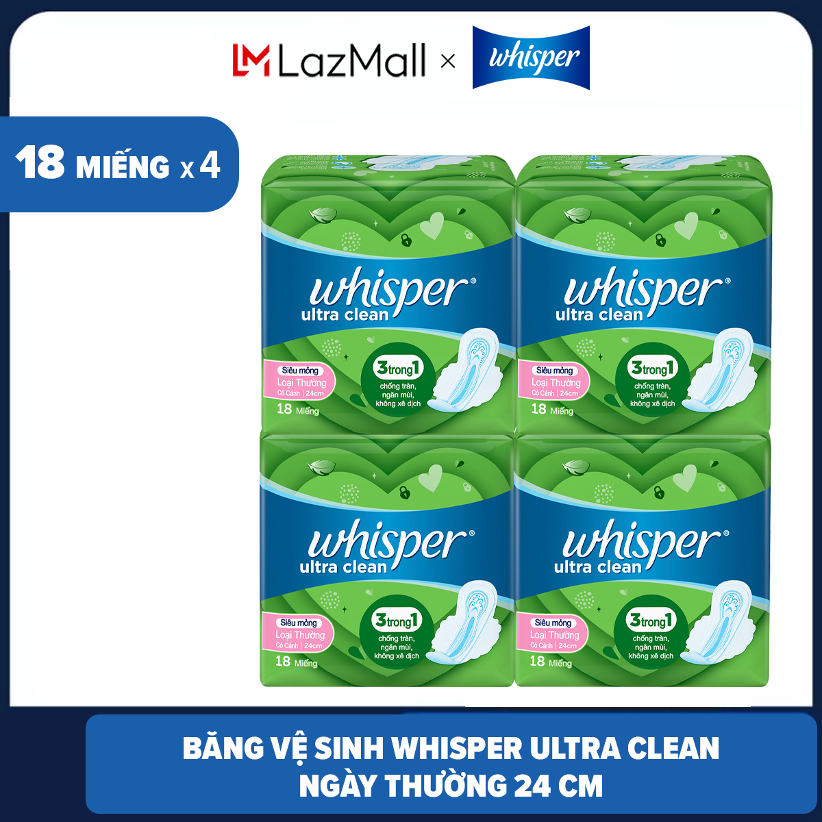 Combo 4 băng vệ sinh whisper ultra clean siêu mỏng có cánh loại thường ban ngày 24cm