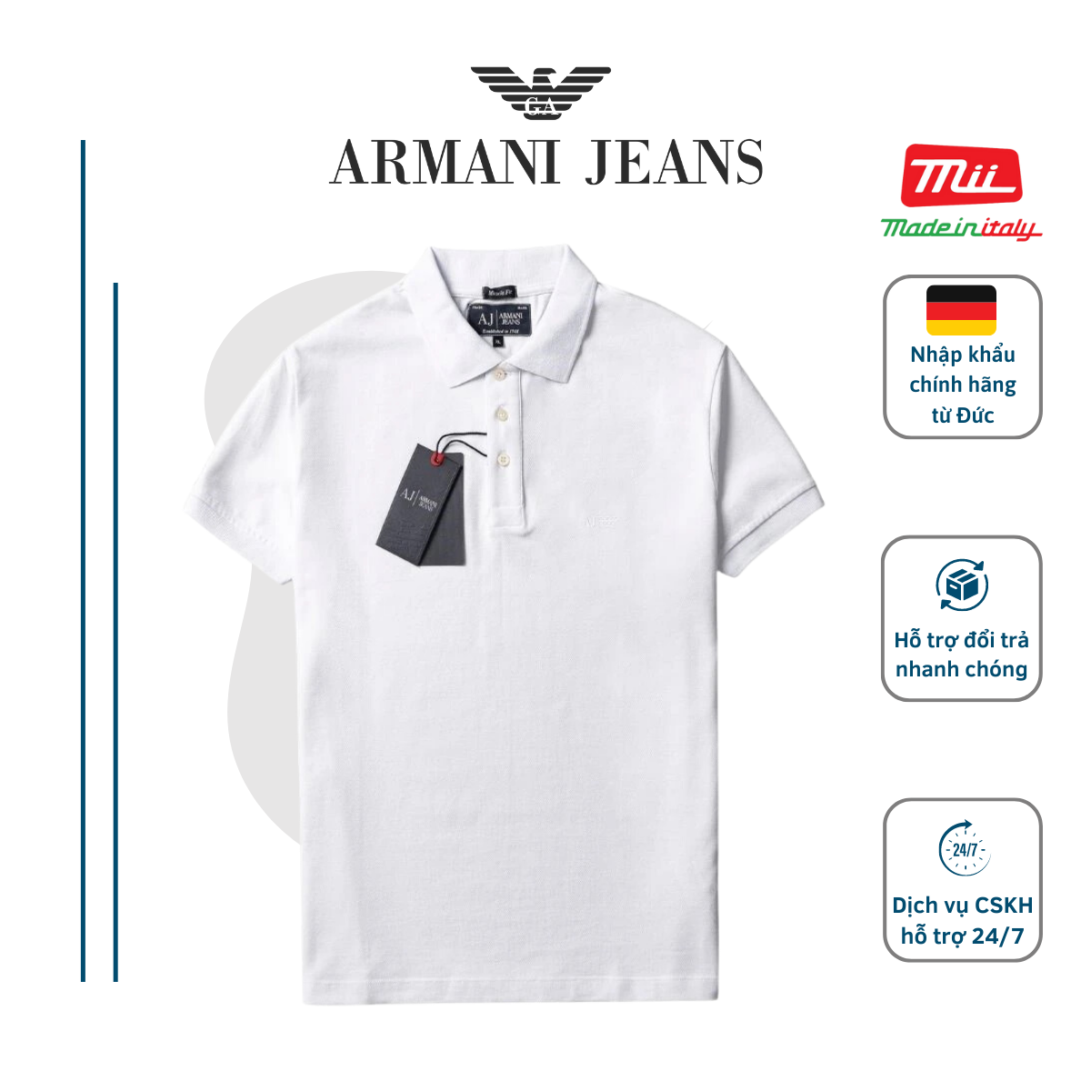Áo polo nam armani trắng 100% cotton, áo cổ bẻ thiết kế trẻ trung nhập khẩu chính hãng từ chlb đức