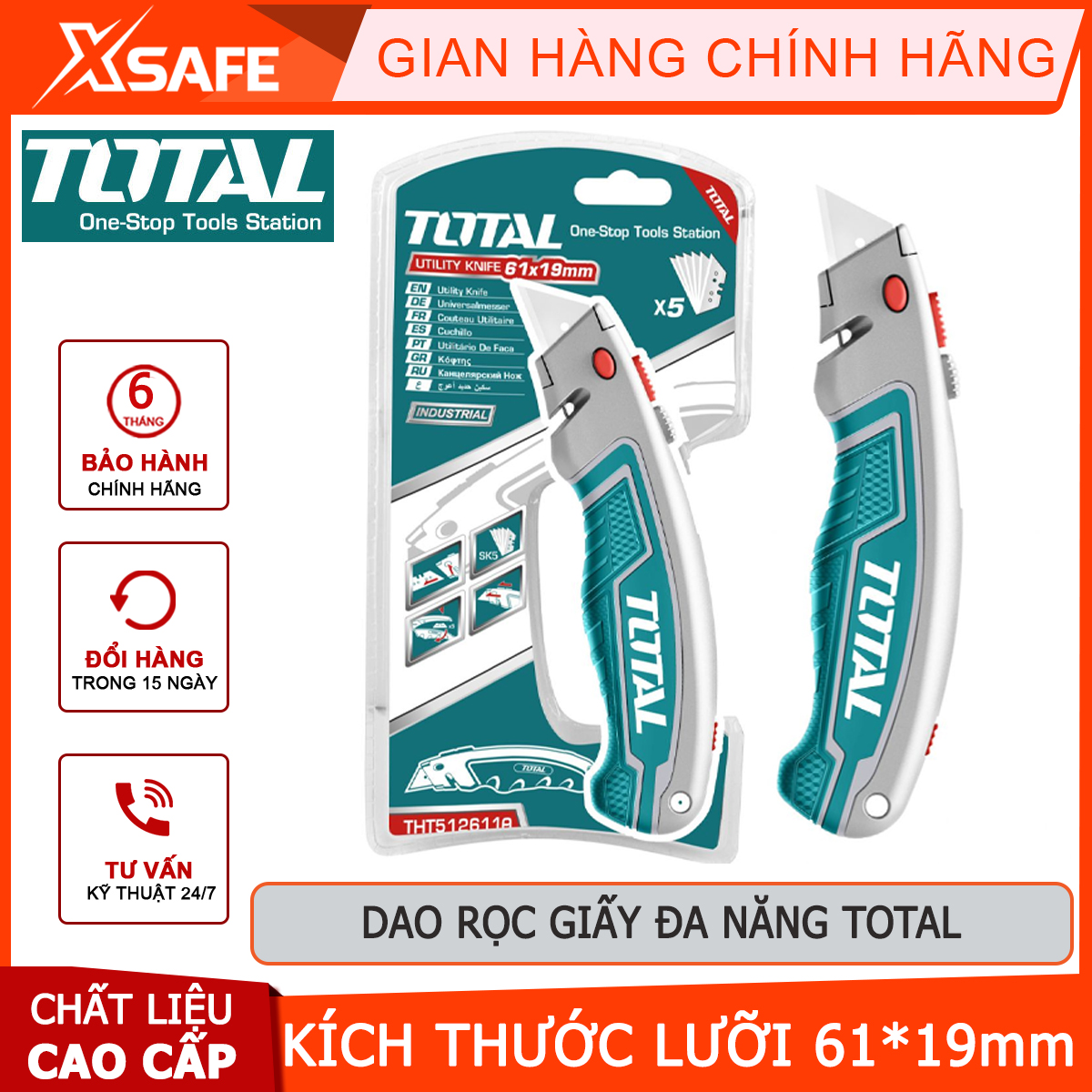 Dao rọc giấy đa năng TOTAL THT5126128, dao cắt giấy kích thước lưỡi 61x19mm, lưỡi SK5, kèm 6 lưỡi cắt dán giấy, các loại hộp