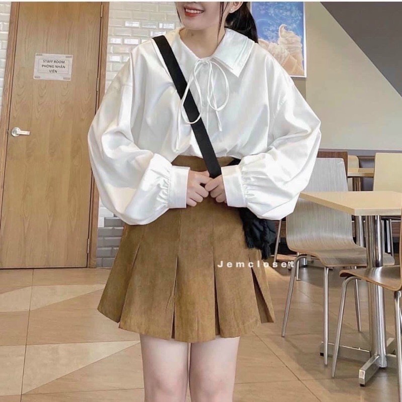 Áo sơ mi trắng tay bồng cổ PETET buộc nơ dáng rộng unisex/ Áo sơ mi dài tay phom thụng thanh lịch - xuongmaythaothuy