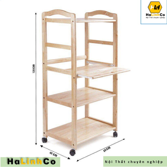Halinhco- Kệ vi sóng, kệ tivi Kệ đa năng 4 tầng gỗ cao su, có bánh xe- có thể gấp gọn 100% gỗ tự nhiên