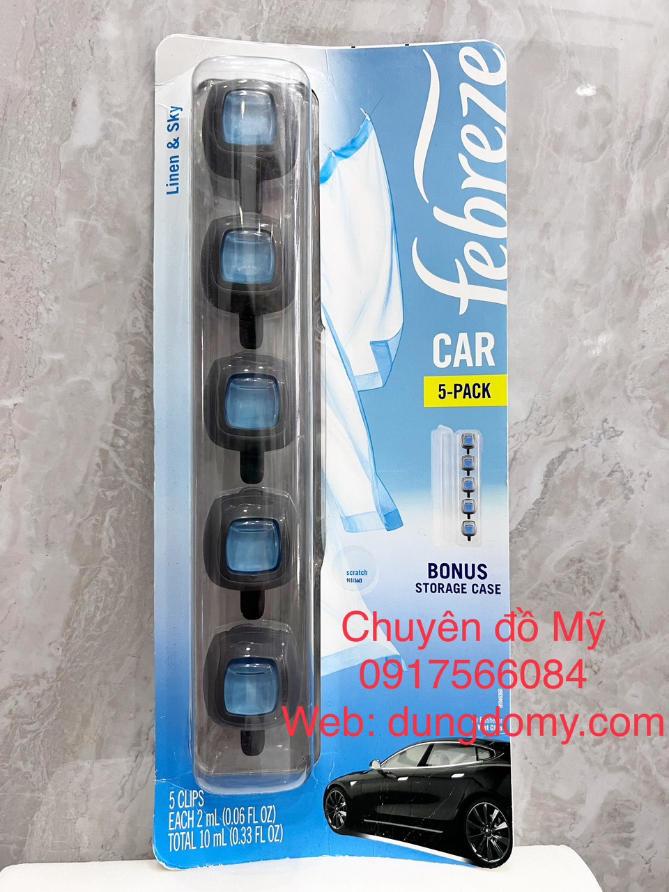 Kẹp Nước hoa xe hơi Febreze Car Linen & Sky Set 5 cái x2ml của Mỹ
