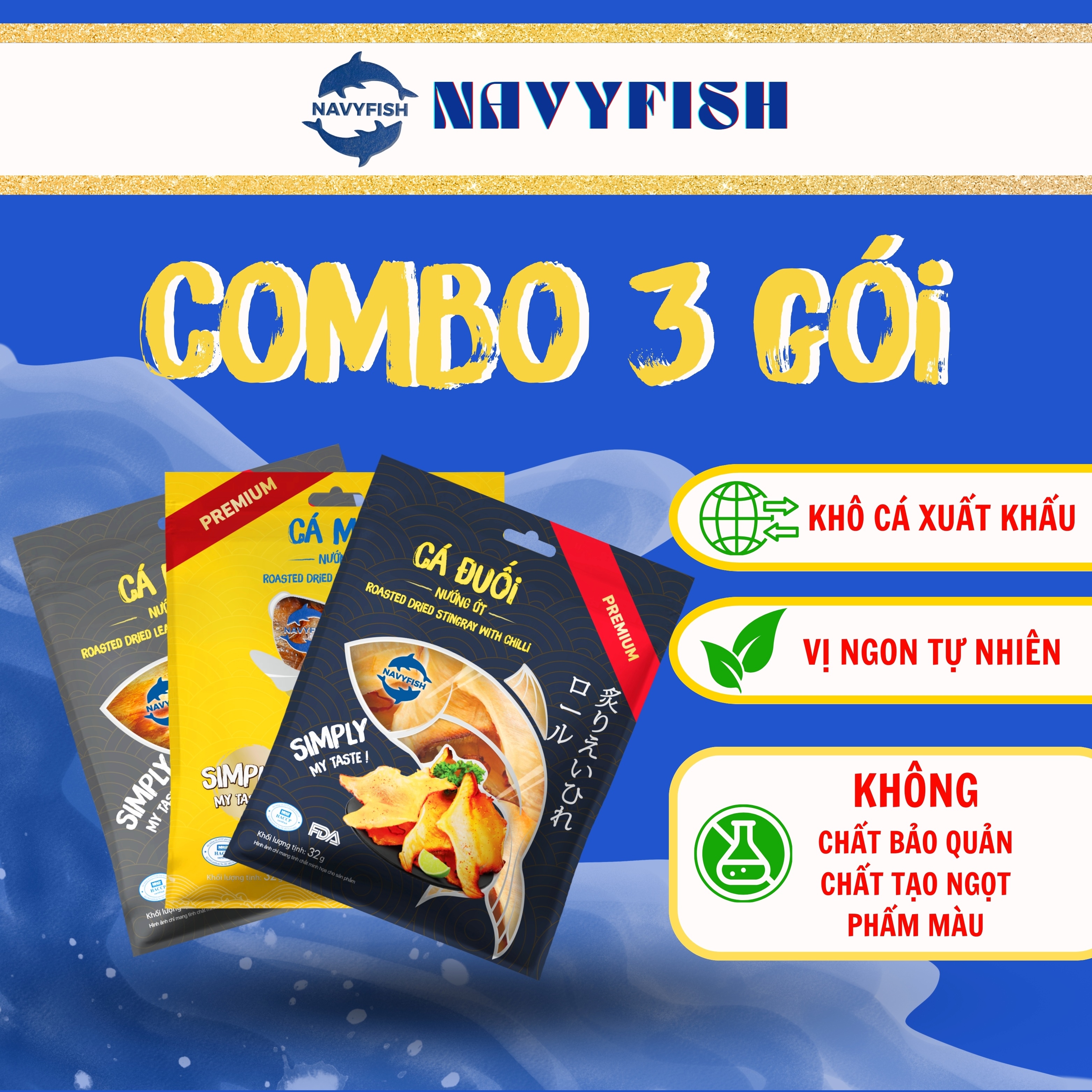 NAVYFISH Combo 3 gói Khô cá loại 1 nướng ớt tẩm vị ăn liền - ăn vặt, mồi nhậu, ăn với cơm