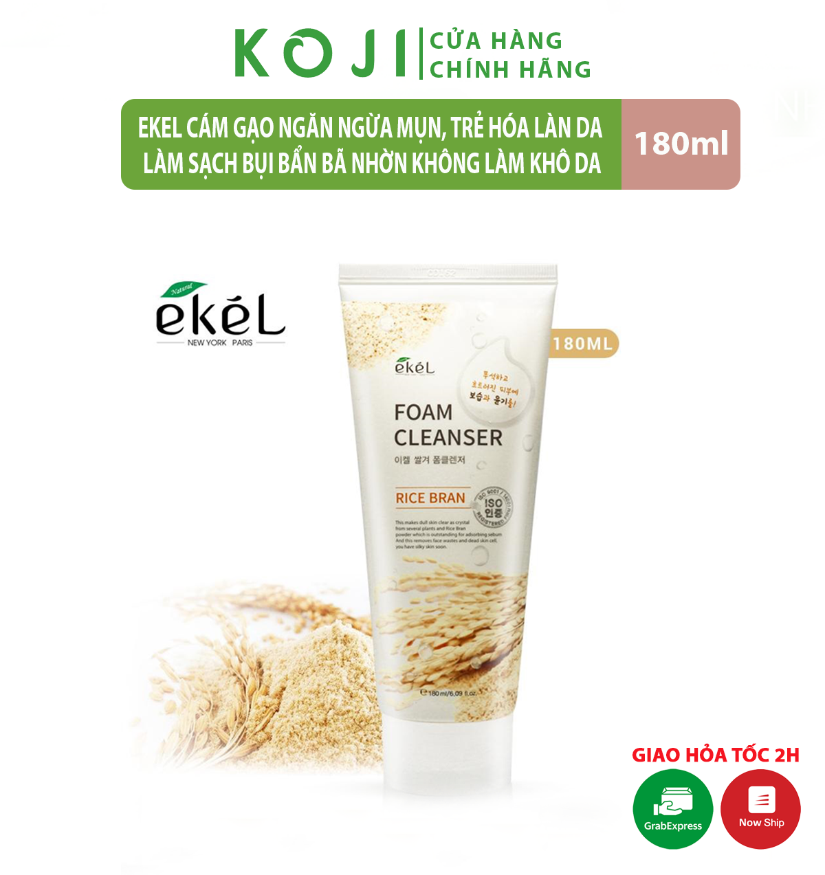 Sữa rửa mặt Cám Gạo Chính Hãng Ekel Hàn Quốc 180ml làm sạch sâu ngăn ngừa mụn và trẻ hóa làn da