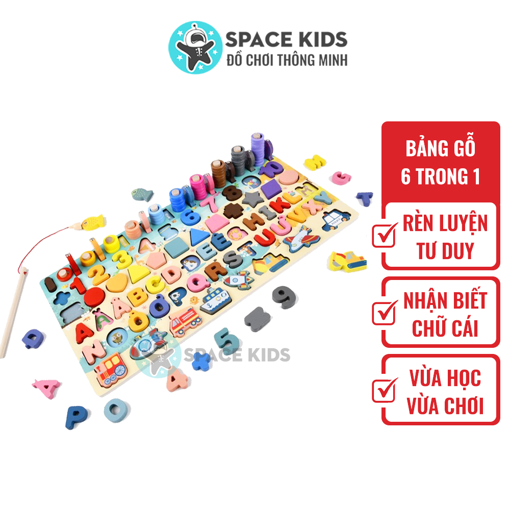 Đồ chơi trẻ em Space Kids Bảng chữ cái TIẾNG VIỆT thông minh câu cá gỗ 6 in 1 cho bé trai bé gái phát triển trí tuệ