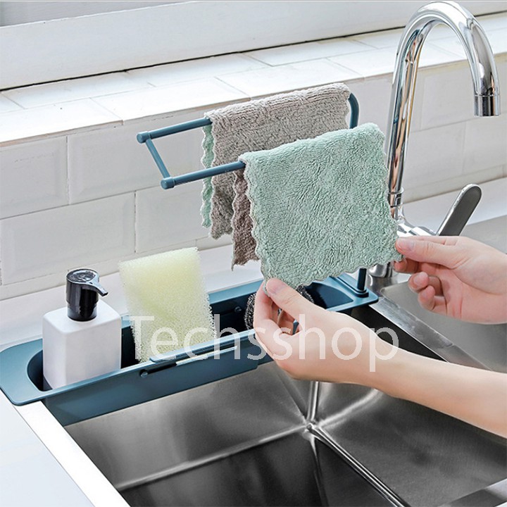 Kệ để bồn rửa chén kéo giãn đa năng có giá máng khăn - Kệ rửa chén gấp gọn - Kệ để bàn chải