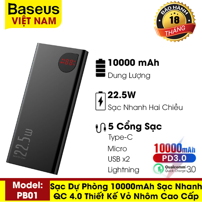 [BẢO HÀNH 12 THÁNG]Pin sạc dự phòng 10000mAh Hiệu năng cao 22.5W thiết kế vỏ nhôm siêu mỏng với 2 cổng USB 2 cổng PD và 1 cổng in micro có màn hình hiển thị pin - Phân phối bởi Baseus Vietnam