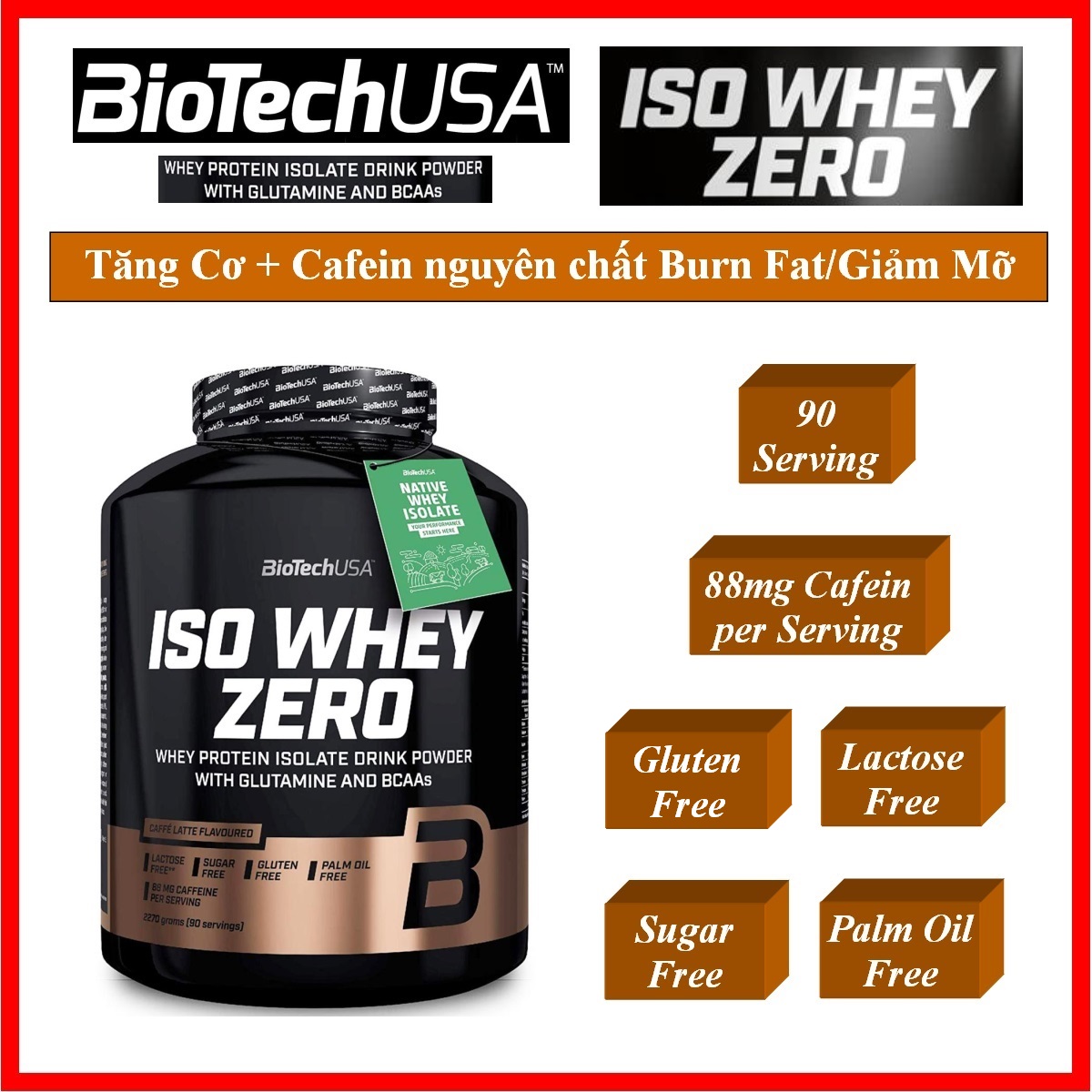 Biotech Iso Whey Zero 5Lbs 2,3kg – Bổ sung Protein, phục hồi Cơ, Tăng Cơ + Cafein cao cấp nguyên chất hỗ trợ giảm mỡ