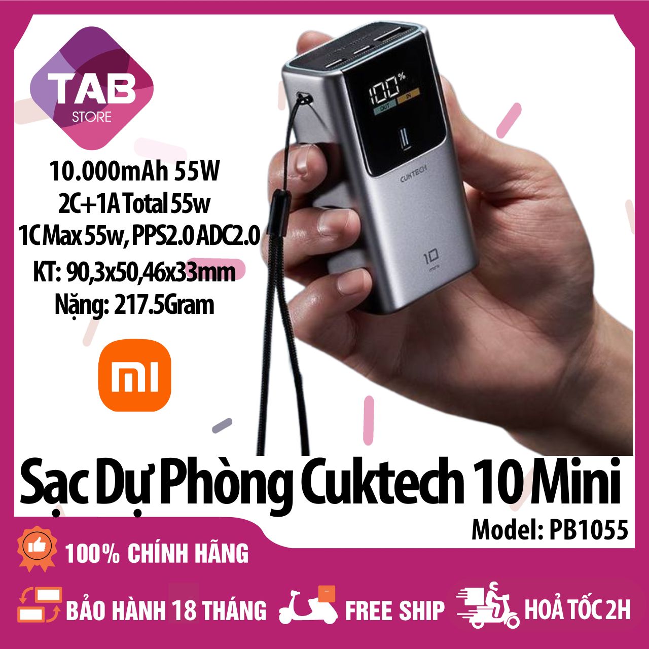 Sạc Dự Phòng Cuktech 10 Mini 10000mAh 2C1A 55W PPS5A ADC2.0 PB1055 - Bảo Hành 18 Tháng