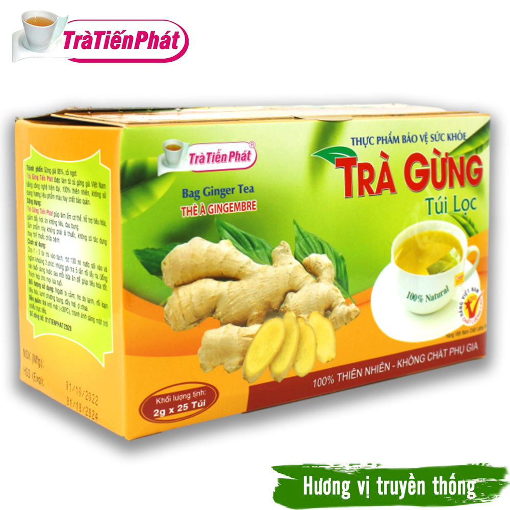 Trà Gừng Túi Lọc Hộp 50g (25 Túi x 2,5g) Làm Ấm Cơ Thể Hỗ Trợ Tiêu Hóa Giảm Đầy Hơi - Trà Tiến Phát