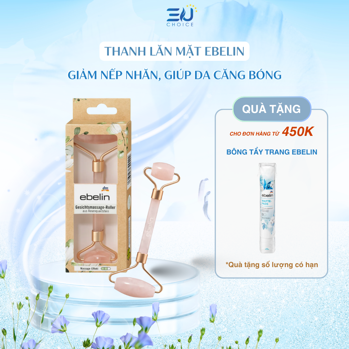 Thanh lăn massage mặt Ebelin bằng đá, màu hồng cao cấp, chất liệu 100% đá tự nhiên nhập khẩu Đức