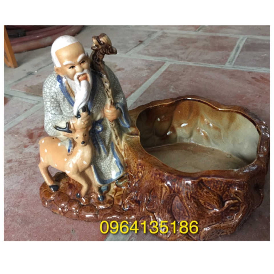 Tượng tiên ông bên chậu trồng cây men rạn gốm sứ Bát Tràng