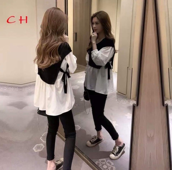 Áo sơ mi phối vạt dây eo ch12
