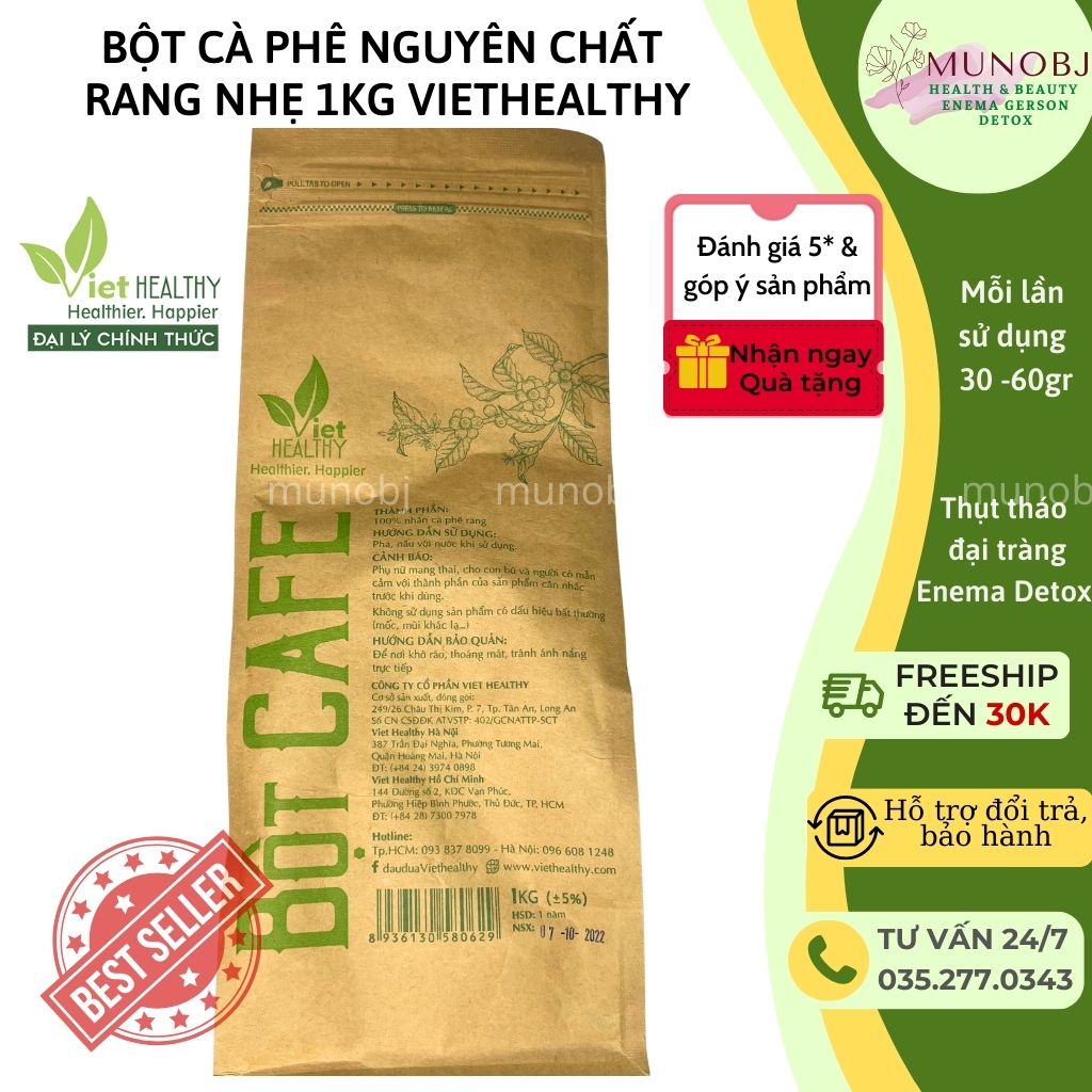 Bột cafe thải độc Viethealthy enema đại tràng nguyên chất 1kg, coffee enema gerson