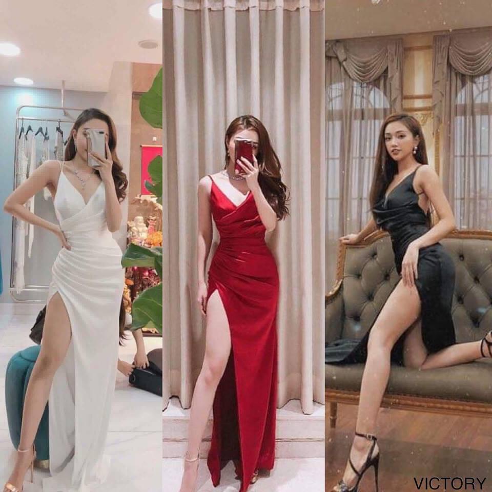 Đầm dự tiệc dài 2 dây xẻ tà 3 màu siêu quyến rũ - nv77