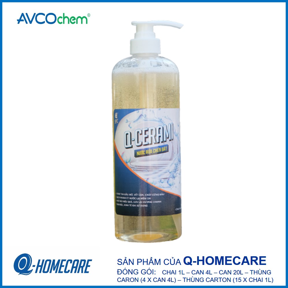 Nước rửa chén đậm đặc Q-Cerami chai 1 lít - Avcochem - Q-Homecare, giúp đánh tan dầu mỡ, vết cặn, cháy cứng đầu, khử mùi hiệu quả, lưu lại hương chanh thơm mát