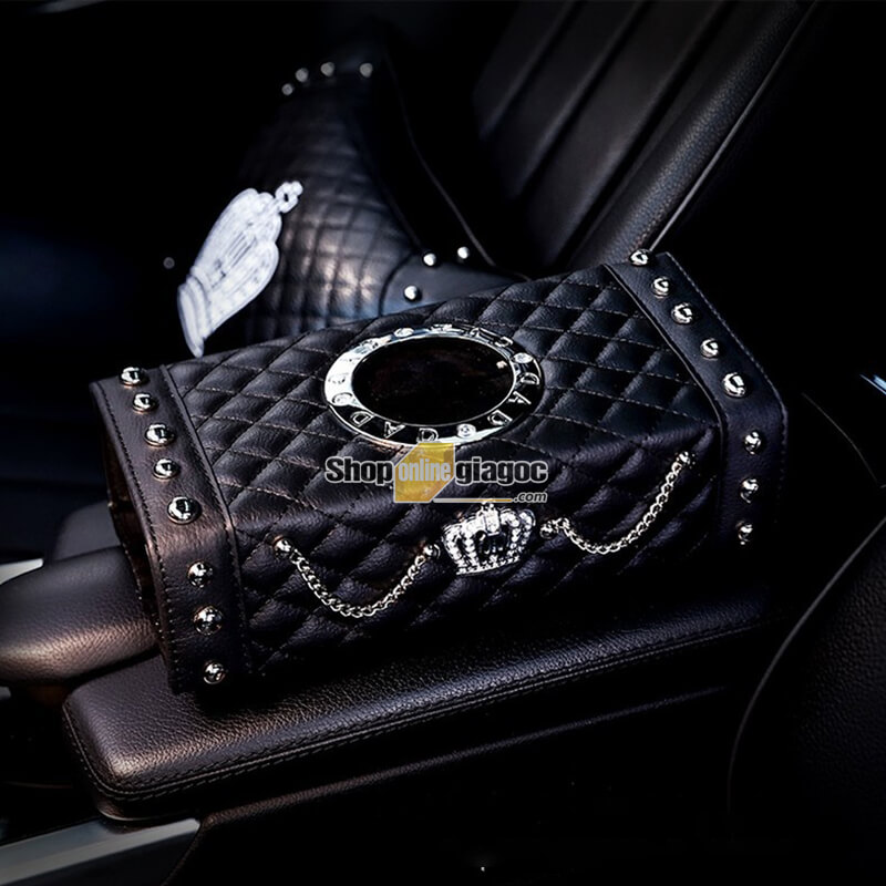 Hộp Đựng Khăn Giấy Trên Ô Tô Bọc Da Đính Vương Miện