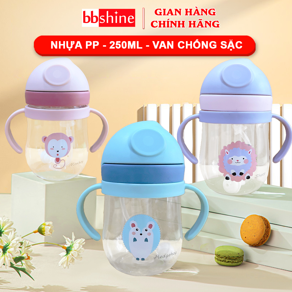 Bình nước cho bé chống sặc cao cấp BBShine, Bình tập uống nước cho bé bằng nhựa PP chịu nhiệt tốt – BN012