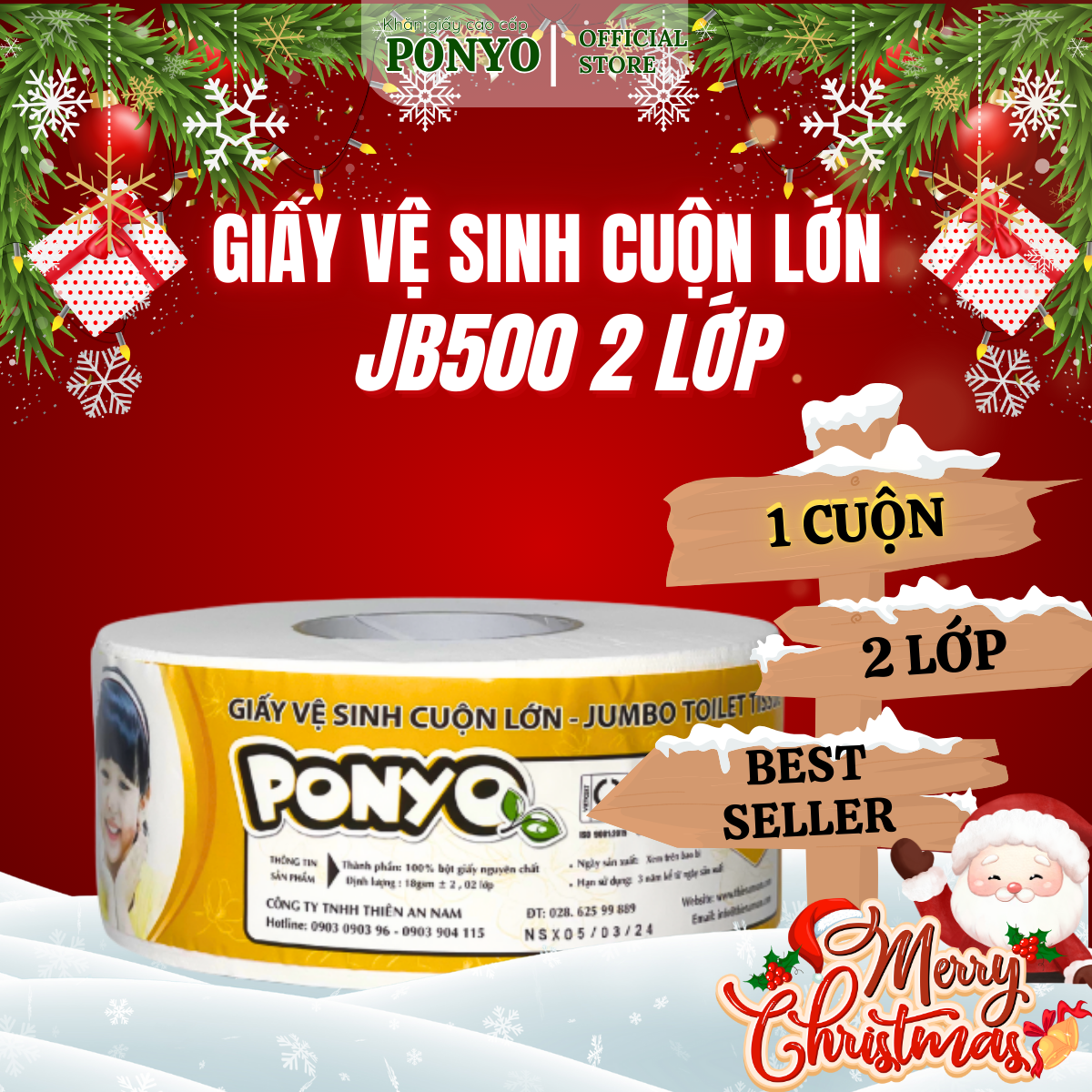  Giấy vệ sinh cuộn lớn PONYO JB500 2 lớp chất lượng cao tan nhanh mềm mịn hoạ tiết caro 500g - Thiên An Nam paper 