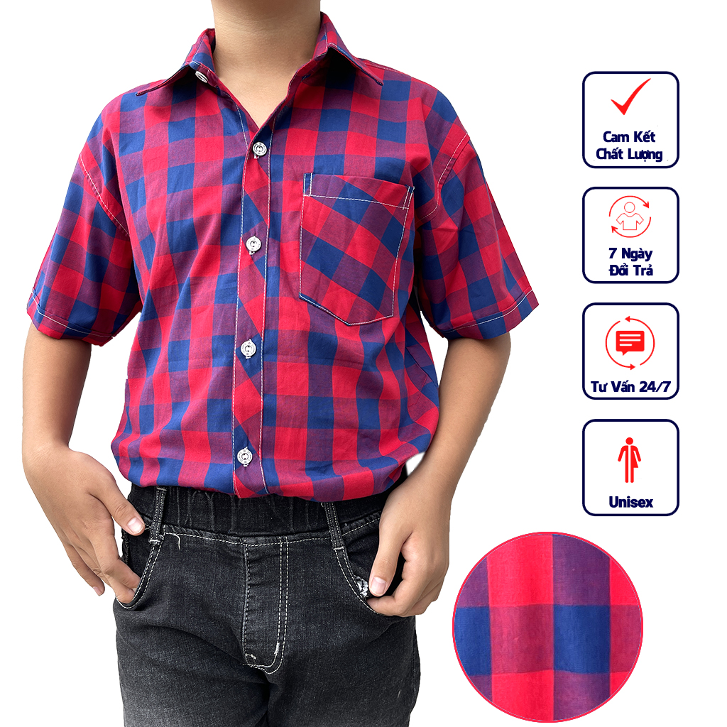 Áo sơ mi tay ngắn trẻ em cho bé trai nam carô sọc đỏ phong cách hàn quốc vải cotton dễ phối đồ với kaki quần sọt CD02 - từ 14 đến 60 kg