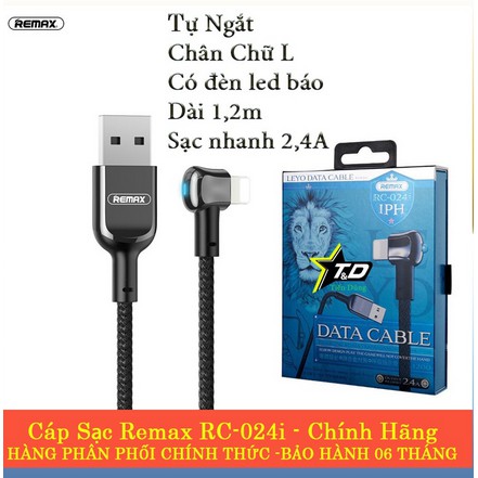 Cáp sạc remax rc-024i cho iphone - cáp sạc tự ngắt rc-024i hỗ trợ sạc nhanh 24a chân cắm kiểu chữ l