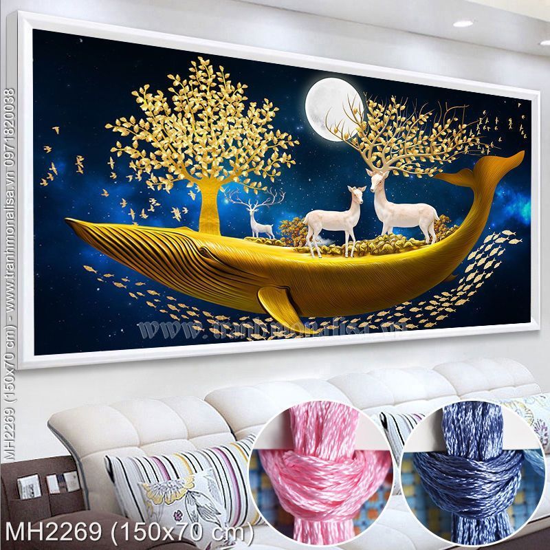 Tranh thêu kín Hươu tài lộc Con thuyền tài lộc 200x90cm
