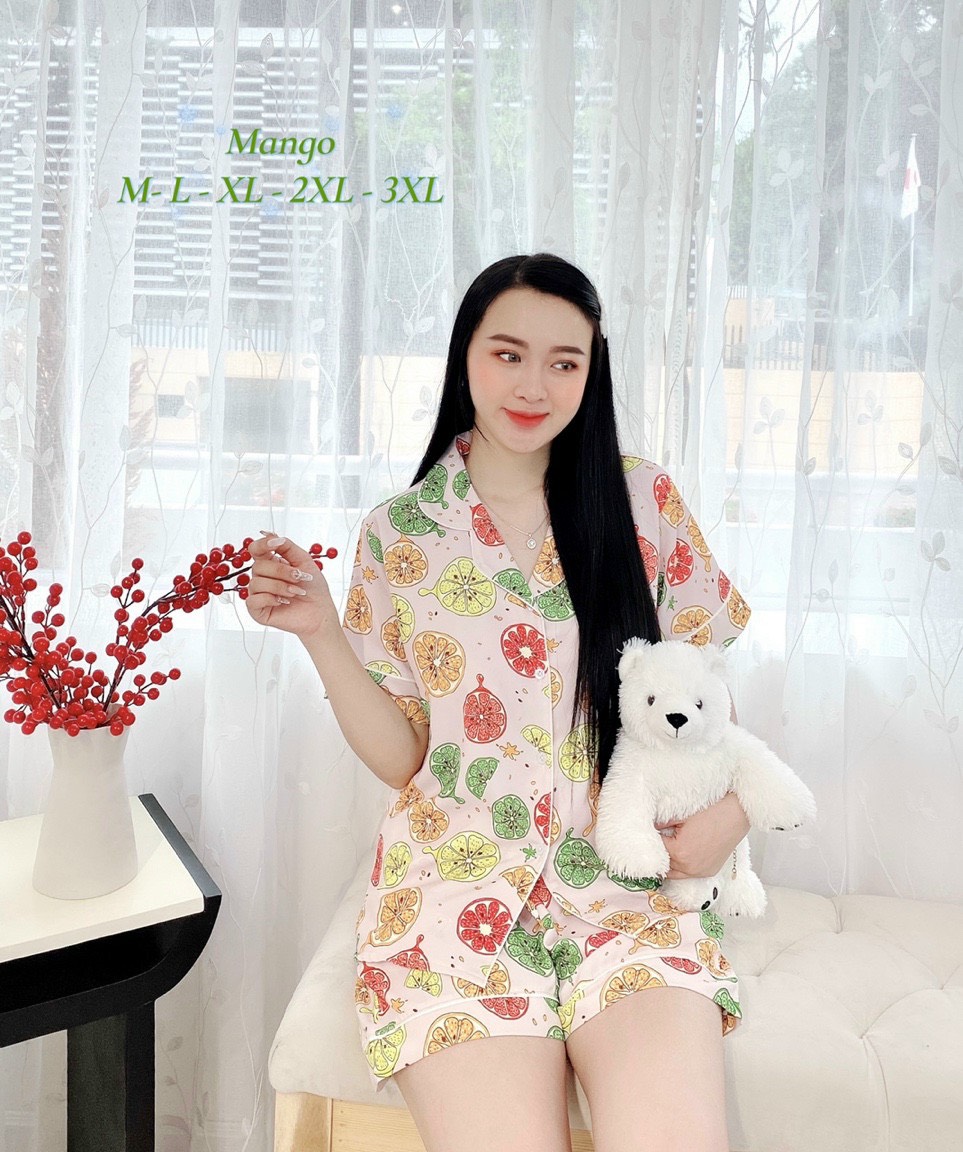 Bộ pijama lụa mango quần đùi size m,l,xl,2xl,3xl quần có túi sâu .