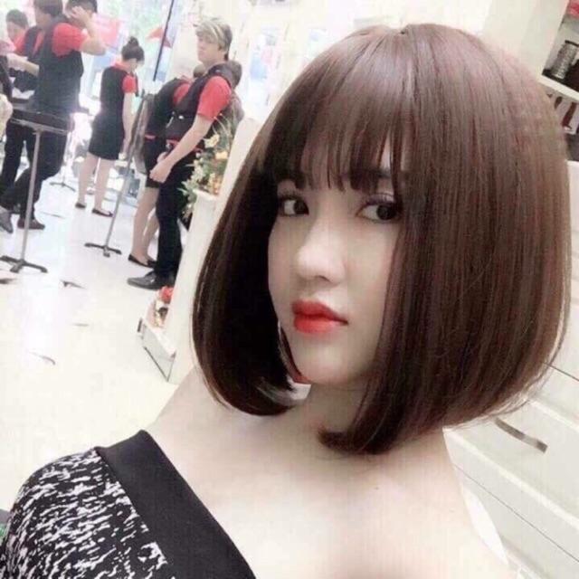 Tóc giả nguyên đầu cúp vai 35cm socola - hình thật