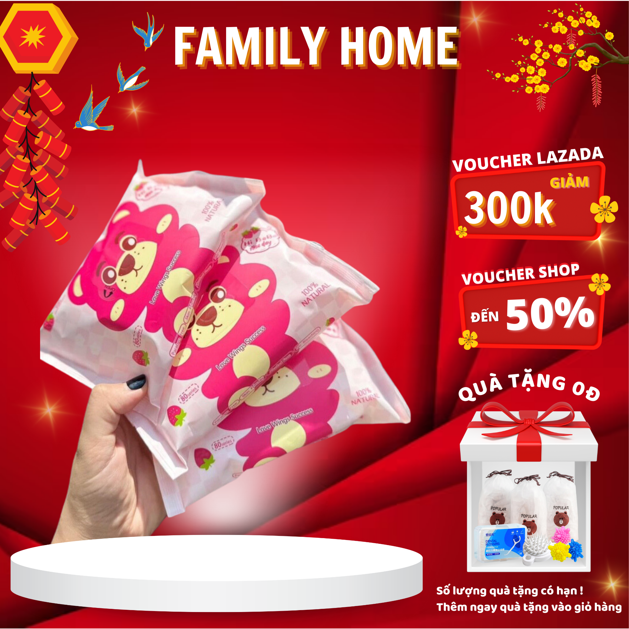 Combo 10 gói khăn giấy ướt tặng thùng đựng có nắp và quai xách, khăn ướt gấu dâu có thùng, khăn ướt kèm thùng