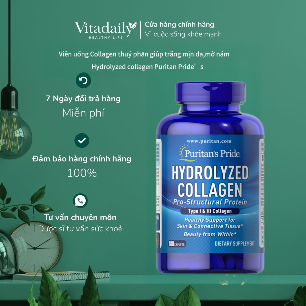 Collagen thủy phân giúp trắng da căng mịn, mờ nám Hydrolyzed Collagen Puritan's Pride 180 viên