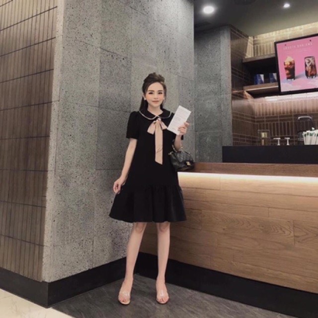 Đầm bầu công sở V32 FREESHIP đầm nữ đẹp đen cổ nơ kem dáng đuôi cá váy bầu thiết kế full size S/M/L cho mẹ bầu