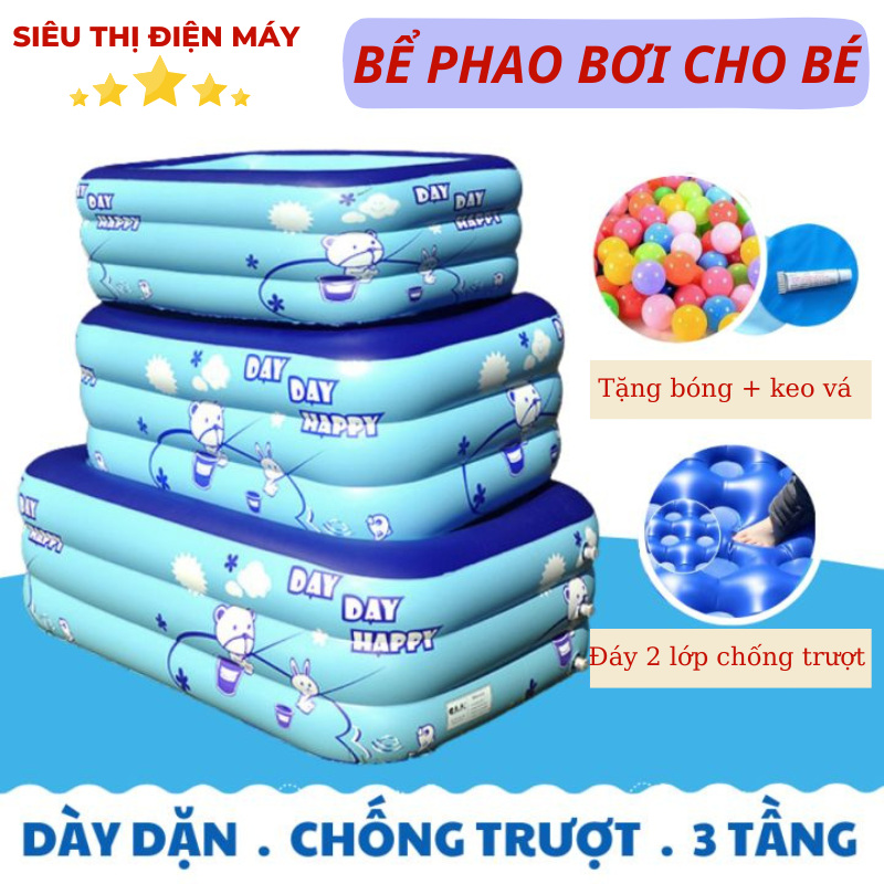 Bể bơi cho bé 3 tầng loại dày nhiều kích thước to khổng lồ Hồ phao tắm mini đồ chơi trẻ em , nhà phao choi thành cao trẻ sơ sinh bơm hơi tại nhà - Chất Liệu bạt cao su PVC chống trượt an toàn Kèm bơm điện