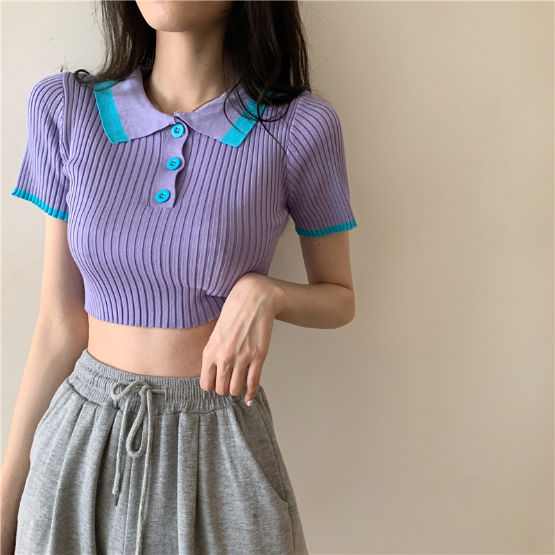 Áo croptop thun gân tay ngắn cổ bẻ phong cách hàn quốc